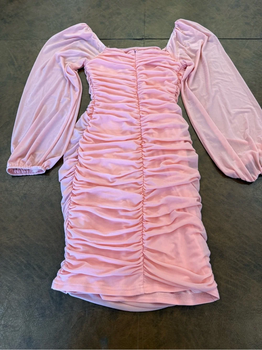Pink Ruched Dress with Long Sheer Sleeve - Women’s Size Small Bodycon